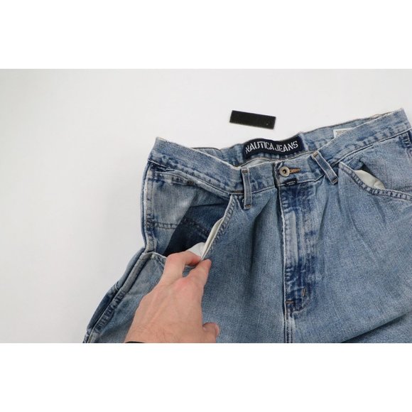 Vintage 90s Nautica Mens 36x32 Distressed Spell Out Wide Leg Baggy Denim Jeans - Picture 5 of 10